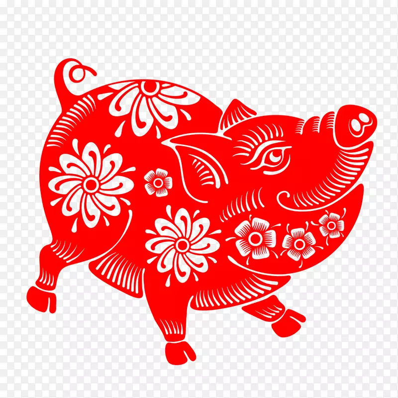 红色创意小猪剪纸元素