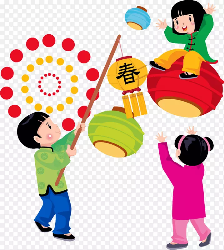 小孩子放鞭炮举灯笼迎新年