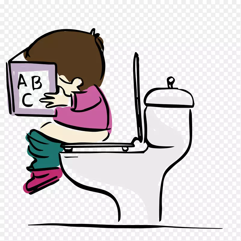 卡通手绘上厕所看书的儿童