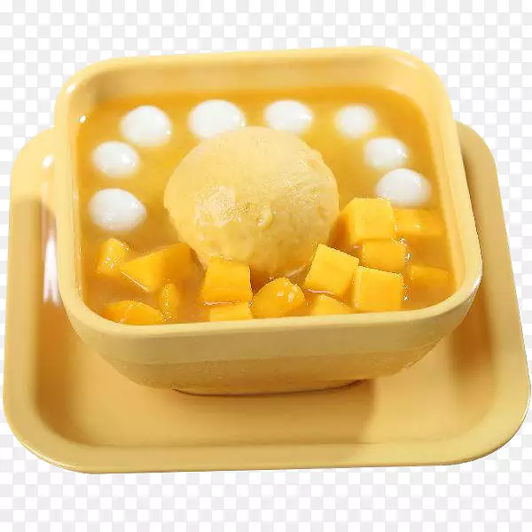 黄色方碗里的芒果小团子