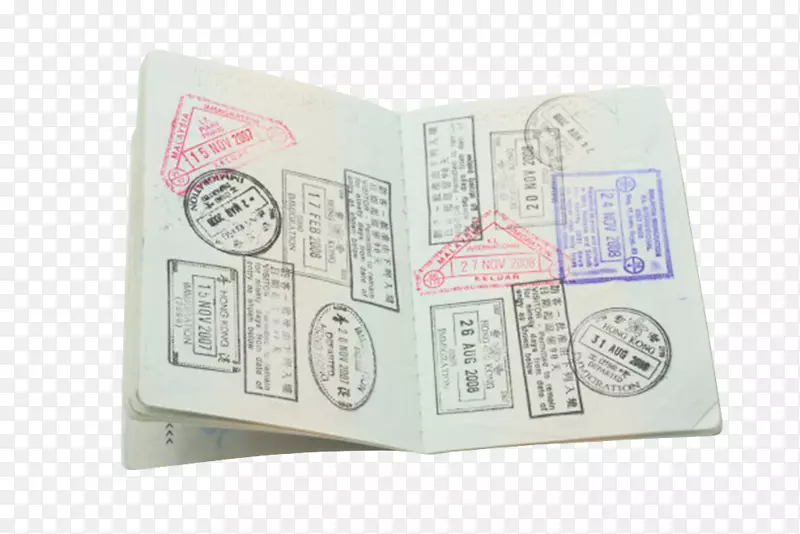 打开的填满印章的护照本实物