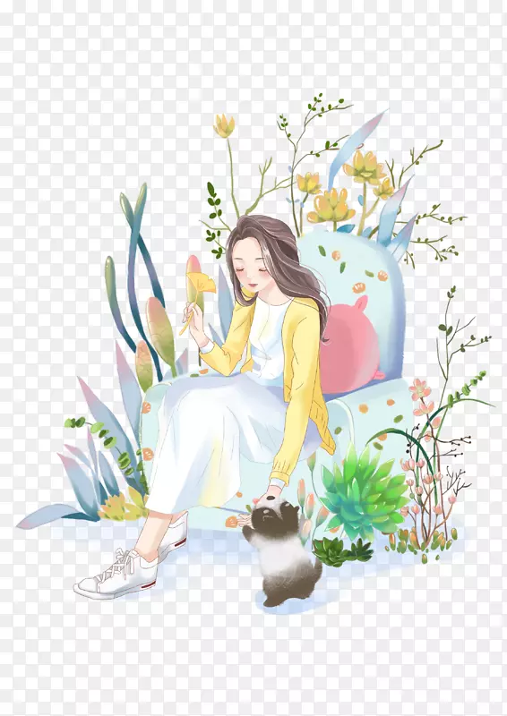 手绘插画  小美女 植物