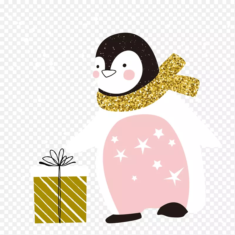 圣诞节矢量手绘送礼的企鹅