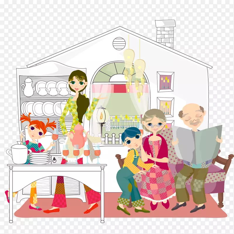 卡通厨房里的家庭人物设计