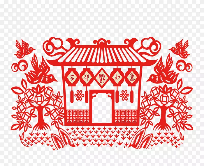 红色中国风剪纸小屋