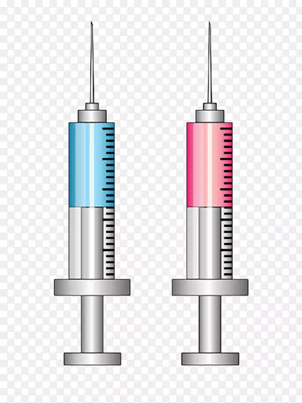 装蓝色粉红色液体针头针筒打针注