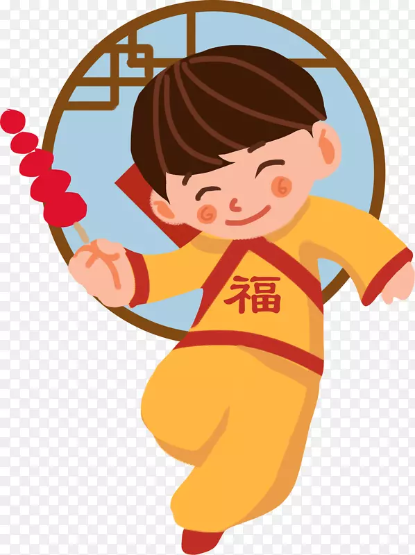 卡通新年中国风拿糖葫芦小男孩