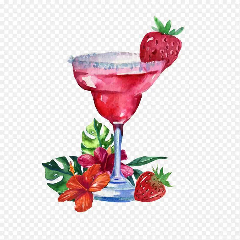 水彩绘红色鸡尾酒和花卉矢量图
