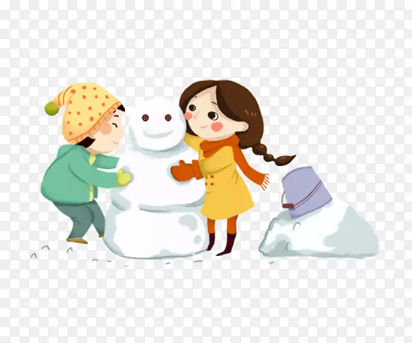 卡通手绘堆雪人的孩子们