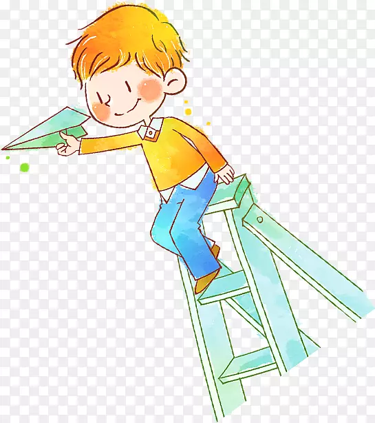 小男孩在楼梯上玩纸飞机