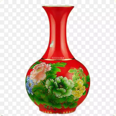 红色陶瓷花瓶牡丹花图案