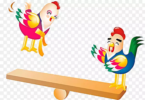 卡通两只鸡玩跷跷板