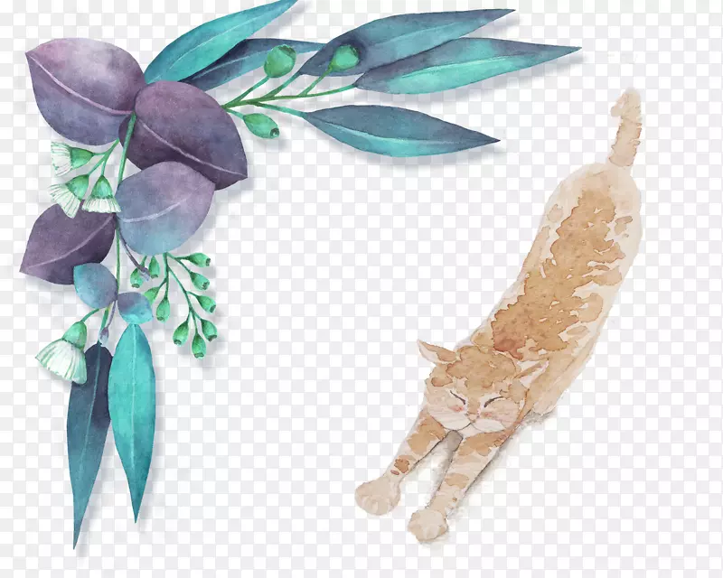 手绘植物与猫咪