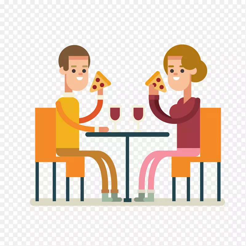 餐桌上吃披萨的卡通男女