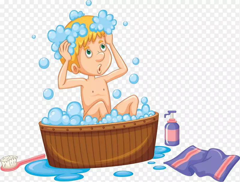 澡盆里洗澡的卡通男孩