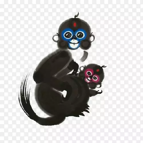 水墨画两只开心的猴子插画免抠