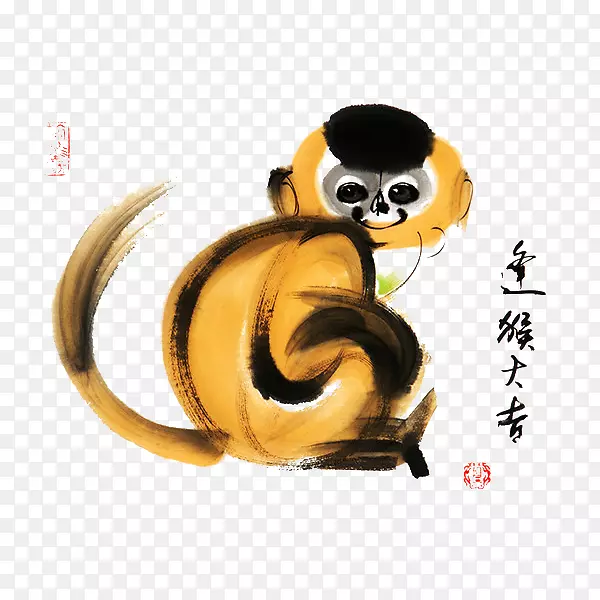 水墨国画一只棕色的可爱的猴子免