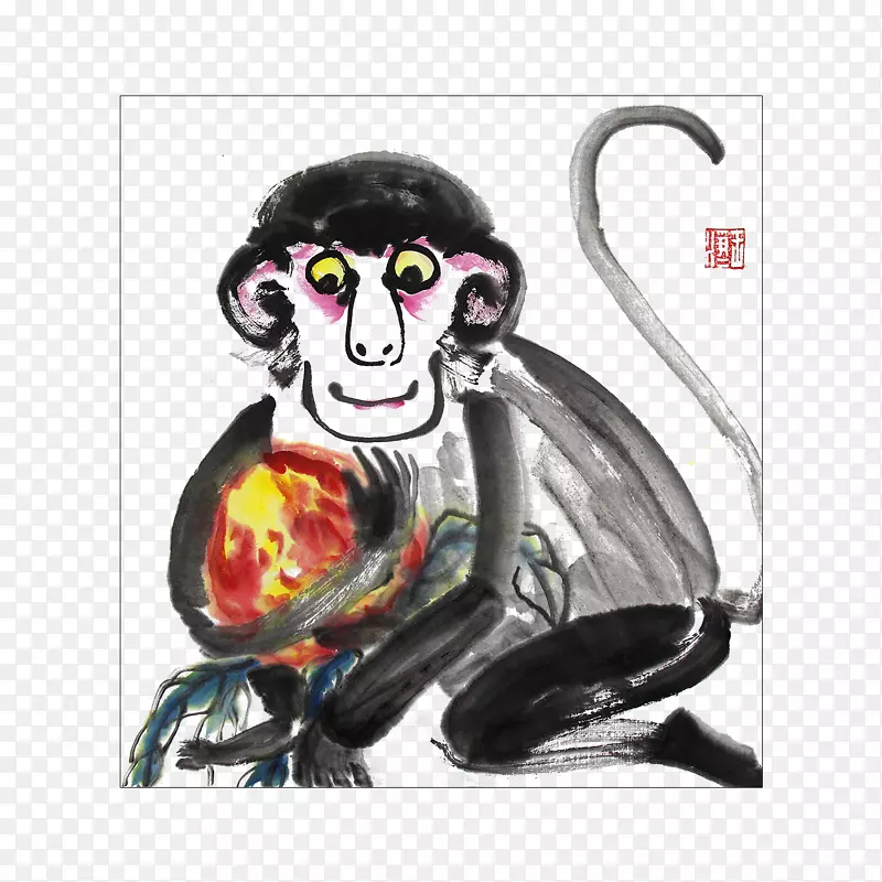 中国风水墨画猴子抱桃插画免抠