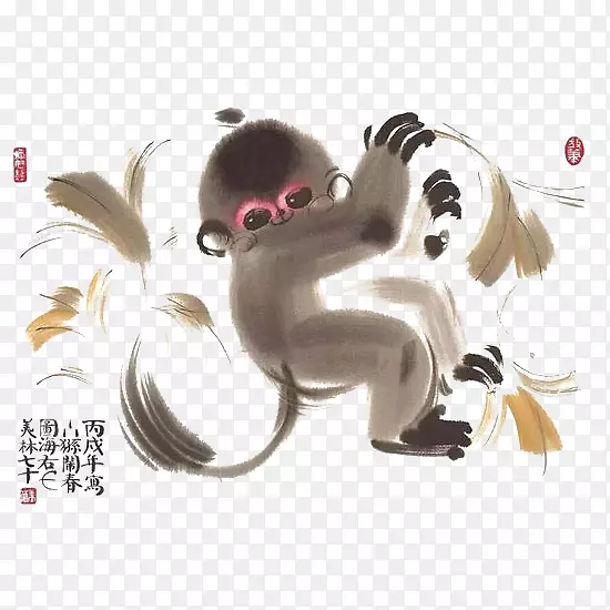 中国风水墨猴子和香蕉免抠