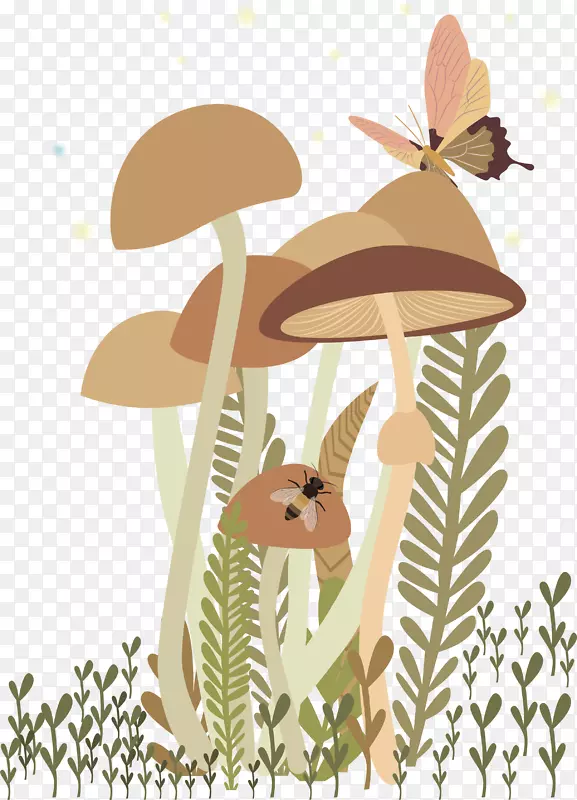 手绘蘑菇蝴蝶蜜蜂插画设计
