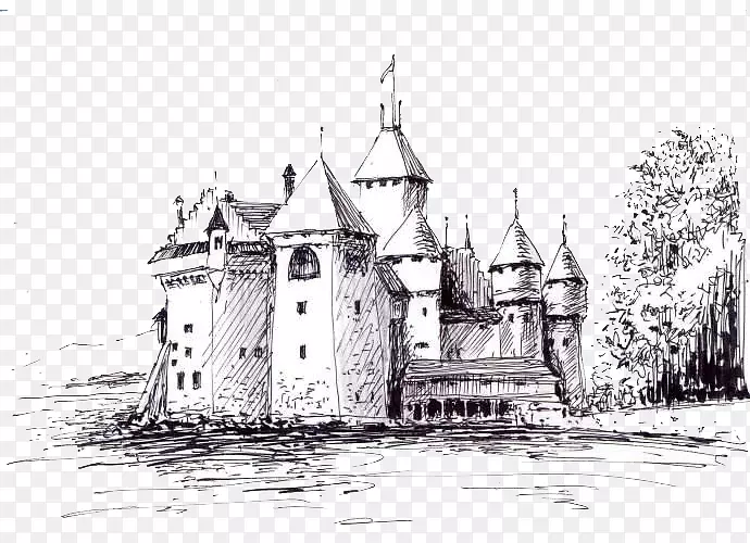 素描风手绘外部城堡线稿简笔画