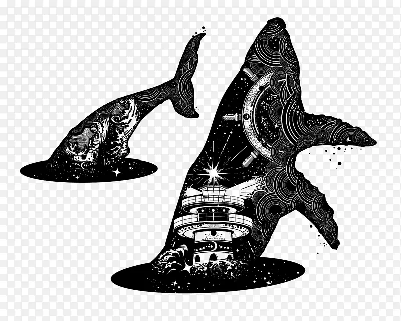 大鲸鱼黑白花臂图案