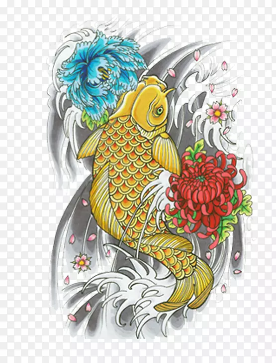 手绘菊花和金鲤鱼