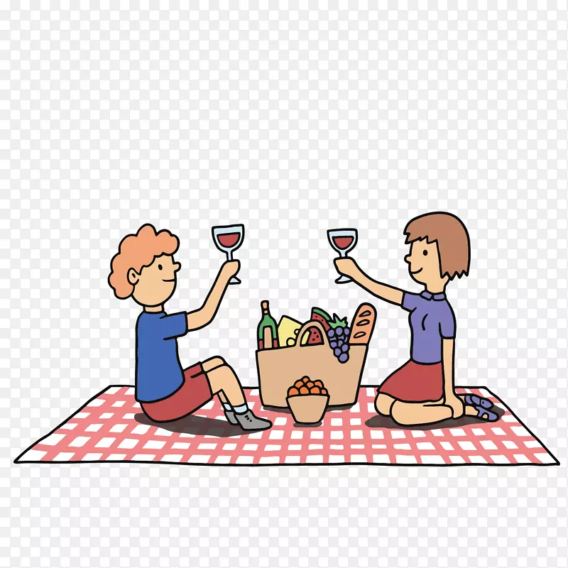 手绘卡通情侣野餐对饮矢量元素