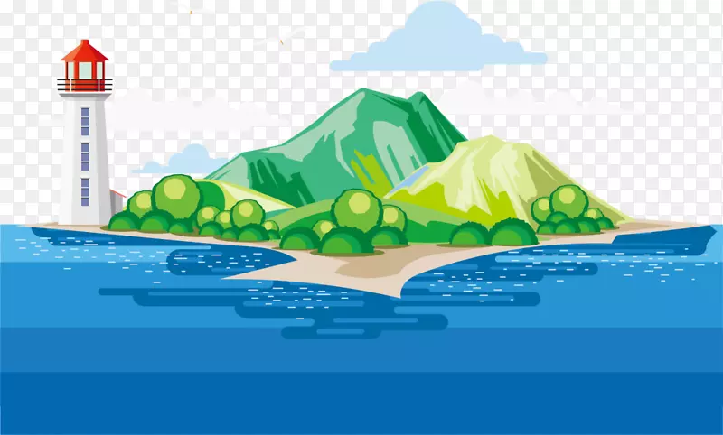蓝色立体岛屿灯塔海洋