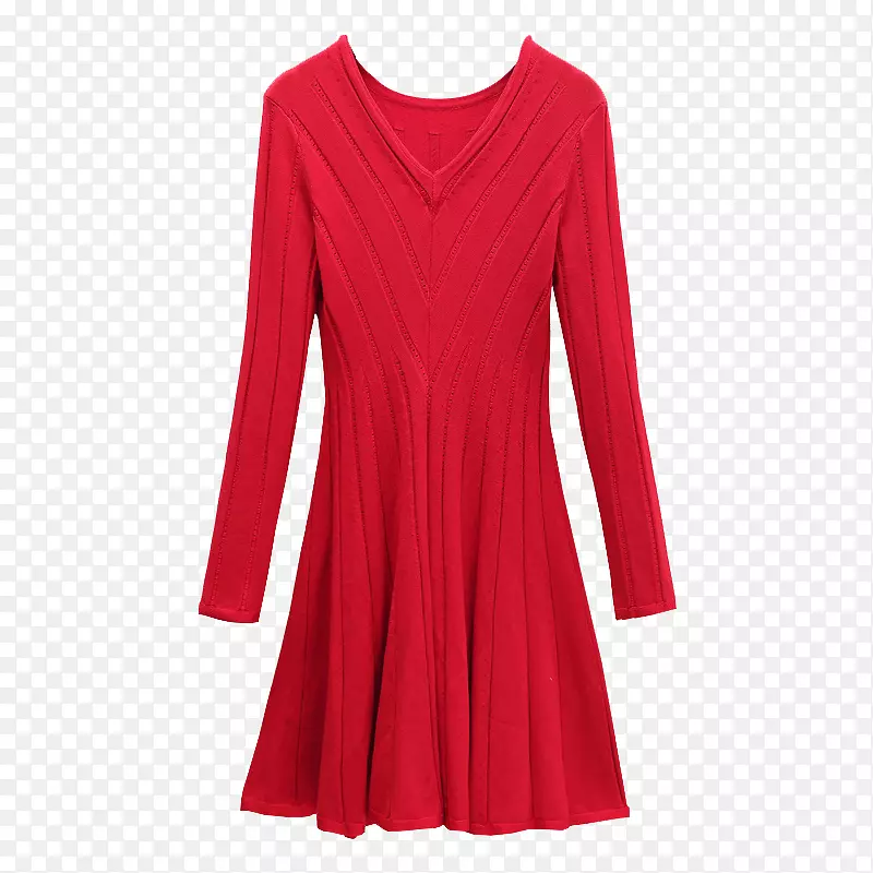 红色甜美V领针织裙子