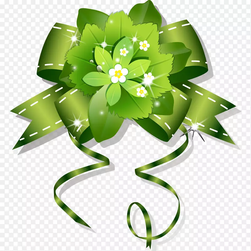 绿色飘带蝴蝶结和小白花
