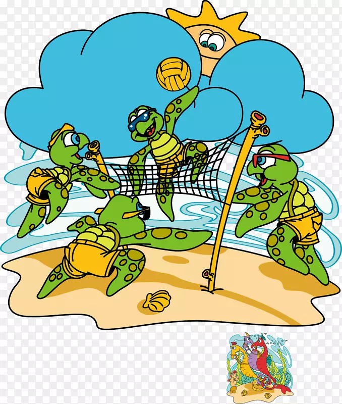 卡通沙塘玩排球的乌龟矢量图