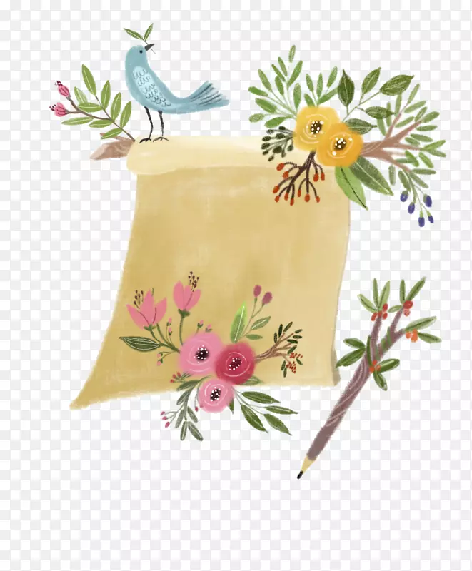 手绘水彩花鸟装饰纸质边框
