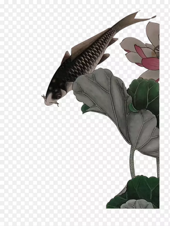 灰色中国风荷塘鲤鱼装饰图案