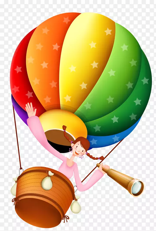 卡通女孩热气球上看望远镜