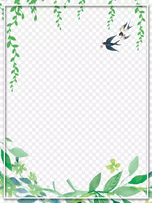 手绘装饰边框春日柳树柳枝与小鸟