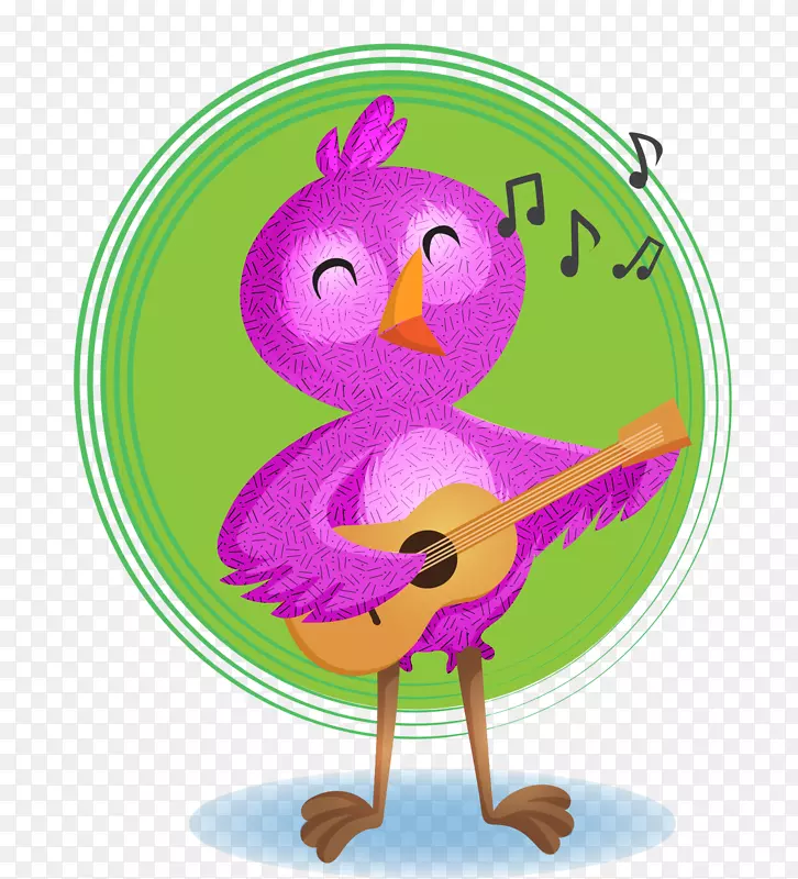 卡通手绘紫色唱歌弹吉他小鸟