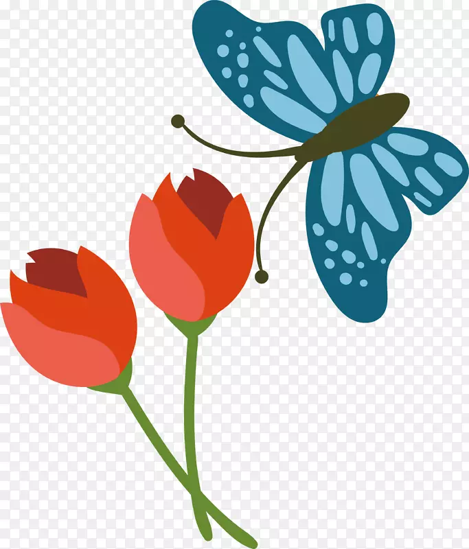 蓝色蝴蝶红色花朵春季踏青背景素