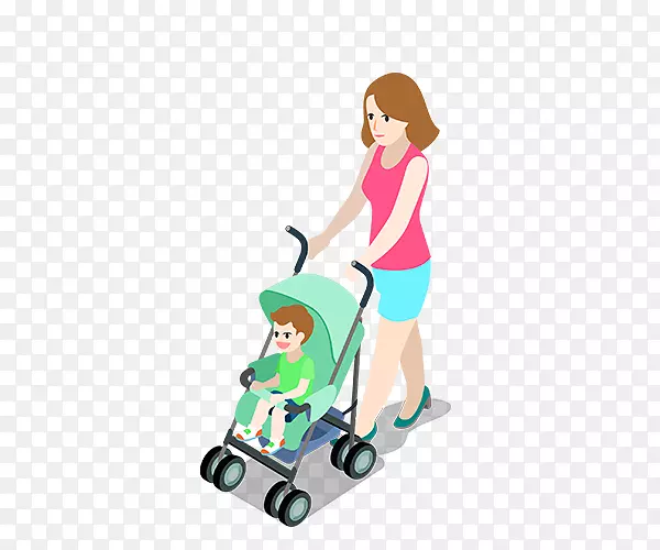 卡通手绘推着婴儿车的女人