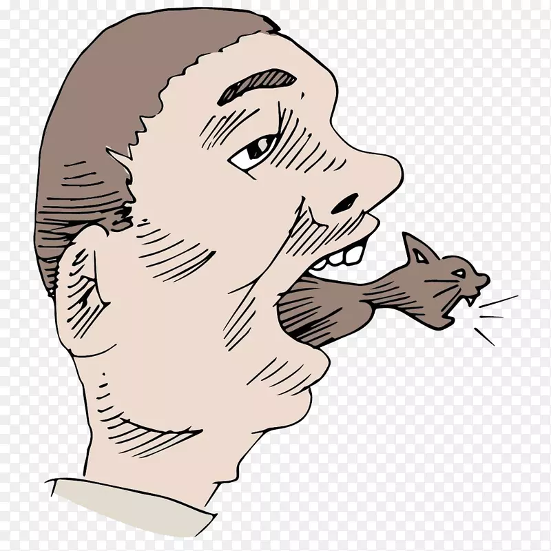 卡通漫画嘴里有只猫的男人