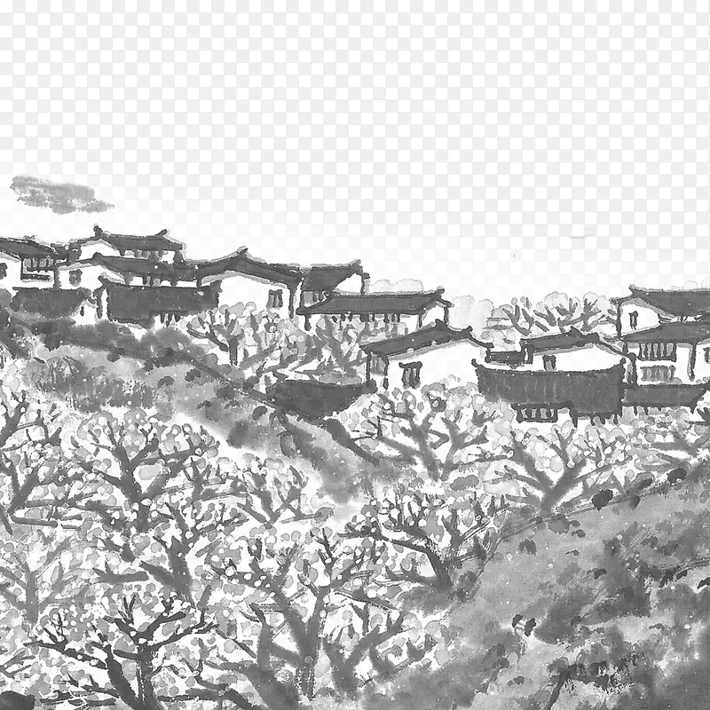 村庄桃花山水水墨画