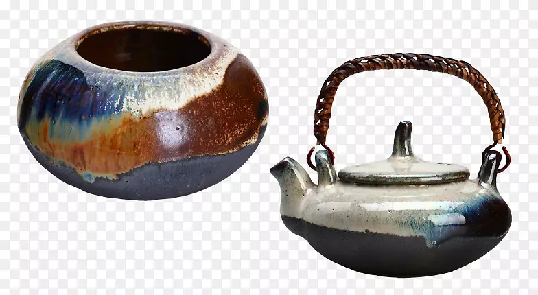 蓝棕色彩陶罐和壶