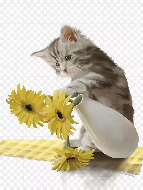 免抠卡通手绘猫咪菊花装饰