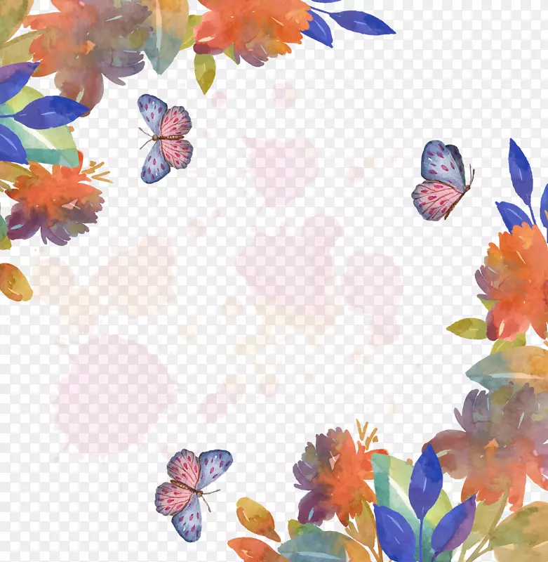 水彩花卉与蝴蝶装饰矢量图