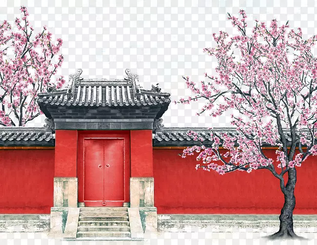 中国风房屋和桃花树PNG图片素材下载_图片编号7356112-PNG素材网