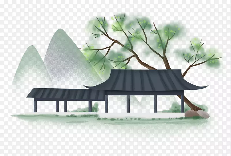 中国风手绘水墨风景山水徽派建筑49