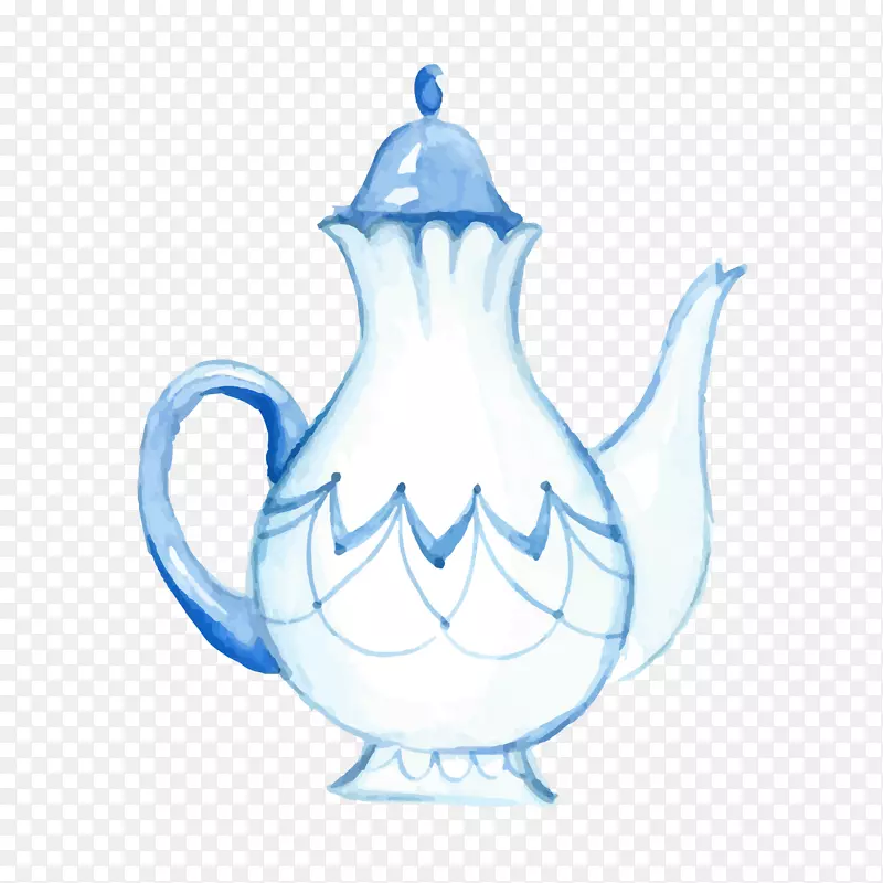 水彩绘蓝色茶壶矢量图
