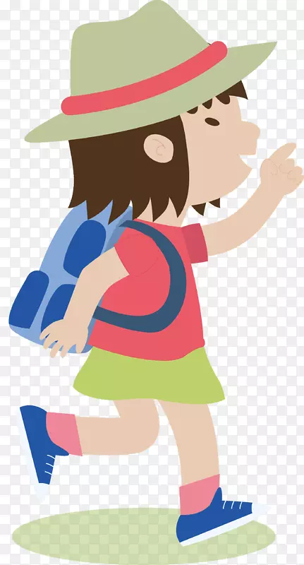 矢量手绘上学路上戴帽子的小女孩