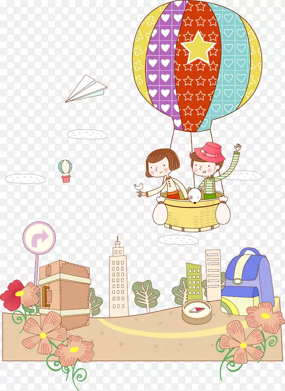 坐热气球游览的两个小朋友