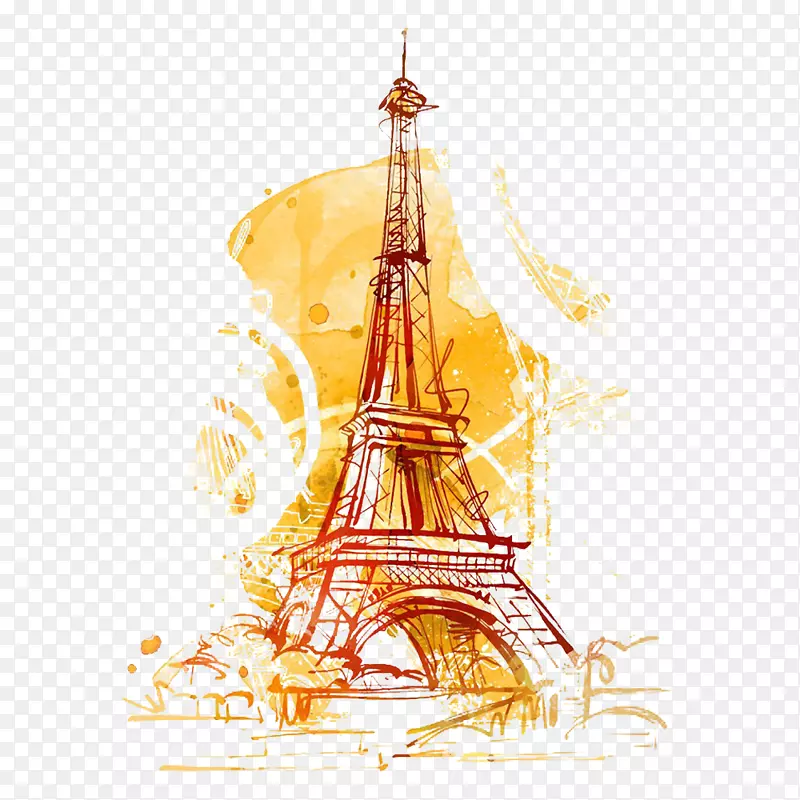黄色铁塔水彩彩绘巴黎铁搭矢量素